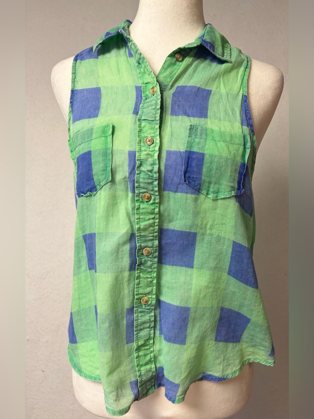 American Eagle Sleeveless Plaid Button Front Top Green Blue Cotton Size Small